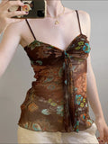 Fongt New Y2K Retro Print Bumpy Hottie Sexy Mesh Splicing Ribbon Low Chest Small Sling Vest