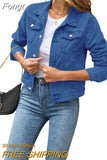 Women's Short Denim Jackets Fashion Female Casual Long Sleeve Lapel Solid Button Pocket Slim Jean Jacket Fall Winter