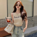 Casual Letter Print Women's Tank Top O Neck Retro Tops Hollow Out-Outfit