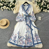 Fongt Court Retro Cross V Tie With Belt Lantern Sleeve Print Big Pendted Dress Woman 2025 Spring