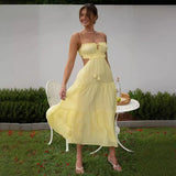 Fongt Women's Clothing 2025 New V-Neck Sleeveless Solid Color Splicing Large Swing Long Dress