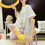 Street Backless Patchwork Midi T-shirt Female Clothing Loose Stylish Butterfly Printed Summer Casual Round Neck Pullovers-Outfit