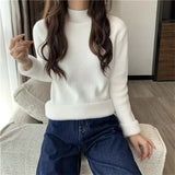 Women's Fall Winter Thicken Slim Sweater Casual Mock Neck Plus Velvet Knitted Tops Warm Soft Jumper Basic Knitwear Jumper