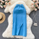Fongt Solid Color Skirt Winter With Sweater High Waist Thin Temperament Open Elastic Knitted Hip Long Skirt