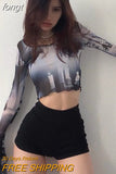 T-Shirt Mesh Top Sexy Print Crop Top Party Club Outfits Transparent Tops Streetwear Clothes Long Sleeve Tee