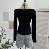 Fongt Shooting With Hanging Neck Leopard Print Splicing Two Long-Sleeved Tops A Short Shoulder Bottom T-Shirt 28787