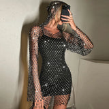 Fongt Diamond Flash Dress Sexy Hollow V Neck Hooded Long Sleeve Hip Dress