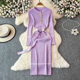 Fongt Fragrant High-End Autumn And Winter Round Collar With Thick Knitted Dress With Belts And Hips Skirt Sweater