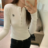 Button Half-Open Collar Embroidery Short Casual Style Minority Long-Sleeved T-Shirt New Spring Blouse For