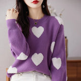 Fongt Dong Lady Long Sleeves Versatile Round Neck Sweater Sweater Jacket Jacket Korean Version Love Jacquard Loose Bottom Shirt-Outfit