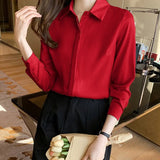 Elegant Satin Blouse Autumn Spring Turn-Down Collar Single-Breasted Long Sleeve Female Chiffon Shirt Ladies Blouse