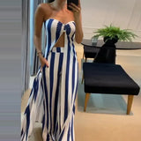 Fongt 2025 New Fashion Stripe Sexy Umbilked T-Shirt Trouser Dress Suit Woman