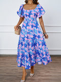 Fongt New Temperament Collar Print Pony Dress Bubble Sleeve Dress Woman