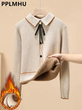 Women's Plus Velvet Thicken Polo Collar Knitted Sweaters Winter Korean Sweet Casual Pullover Sueter Warm Slim Crochet
