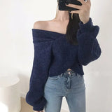 2022 V-Neck Pull Sexy Off Shoulder Sweater Knitted Korean Elegant Lady Winter Spring Women Pullover Jumpers
