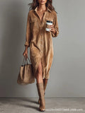 Fongt Women's Elegant Workwear Style Pocket Button Velvet Shirt Dress Dress