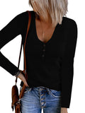 Fongt Autumn New Women's Button Vest Solid Color V-Neck Long-Sleeved T-Shirt Top