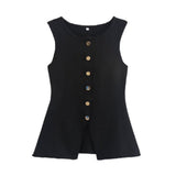 Fongt New Women's Uniform Pure Color Round Collar Single Buckle Sleeveless Simple Knitted Vest Top