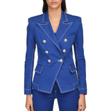 QUALITY New Fashion 2023 Designer Jacket Women's Top Stitching Contrast Lion Buttons Double Breasted Denim