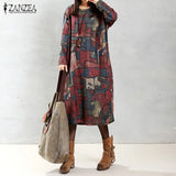 Women Vintage Floral Printed Dresses 2021 Autumn Elegant Casual Loose Long Sleeve O Neck Mid-calf Dress