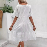Fongt Fashion New Wish Hot Sale Solid Cotton Embroidery Lace Hollow Dress