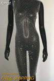 Rhinestones See Through Mini Dress Sexy Sleeveless Fishnet Hollow Out Dresses Women Summer Beach Sexy Cover