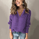 Fongt 2025 New Lace V-Necked Jacket Sweater Lady Loose Long-Sleeved Solid-Colored Sweater