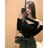 Sweater Women Irregular Halter Cropped Knitted Pullover Y2K Korean Off Shoulder Solid Jumpers Hollow Out Slim Knitwear New-Outfit