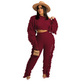 Fongt New Women's Wear Casual Solid Color Knit Long Sleeve Tassel Suit-Outfit