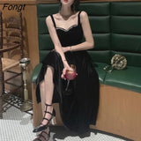 New Elegant Spaghetti Strap Velvet Vintage Black Dress Women Sexy Prom Evening Party Fashion