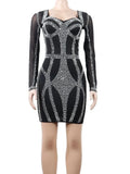 Sparkle Black Rhinestone Bodycon Mini Dresses Glam Womens Mesh Sleeve Sequins Night Dresses Special Occasion