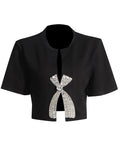 Fongt Simple Diamond Bow Bow Short-Sleeved T-Shirt 2025 New Trendy Niche Girl Open Fork Blouse Autumn And Winter
