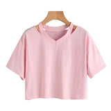Fongt Wind Open Shoulder Hollow Out Sexy Solid Color T-Shirt V Collar Women's Short-Sleeved Loose Female
