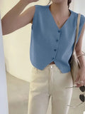 Fongt Korean Version Of Simple Solid Color Wear Knitted Vest Women 2023 New Retro Small V-Neck
