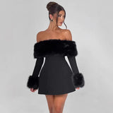 Fongt Autumn And Winter New Women's Fashion Temperament Sexy Hair Collar Shoulder Repair A-Word Dress