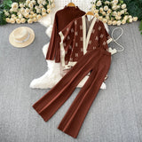 Fongt Ocean Gas Three-Piece Loose Wind Letter Embroidered Cardigan Jacket Bottom High Collar Knitting Tops Broad Legs