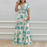 Fongt New Women's Temperament V-Neck Waist-Print Dress Fashion Dress