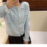 Spring And Autumn New Pure Color High-Grade Round Collar Hand-Made Three-Dimensional Bow Soft Waxy Knitted Cardigan Blouse-Outfit