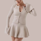 Beige Knit Pearl Buttons Knitted Cardigan Crop Top And Mini Skirt Set-Outfit