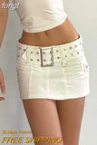 Low Waist Micro Skirts Summer Clubwear Bottoms Sexy Basic Belted Mini Skirt Streetwear Pockets White Denim