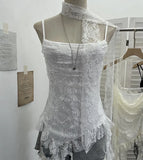Fongt Lace Splicing Irregular Lotus Leaf Edge Ribbon Sling Vest Round Neck Sexy Sleeveless Top 1218