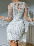 Fongt Diamond Flash Dress Sexy Hollow V Neck Hooded Long Sleeve Hip Dress