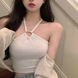 Women Tank Tops Solid Color Halter Sweet Camisole Slim Sexy Exposed Navel Crop Top-Outfit