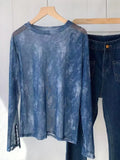 Fongt Shot Giant Beautiful Denim Blue Mesh Undershirt Women's Cuff Button Slit Thin Long-Sleeved T-Shirt Top Ins-Outfit