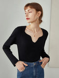 Women Knitted Sweater Long Sleeves Autumn Tops Gentle Retro Pullovers Irregular Neckline Solid Color Women