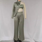 Fongt Women's Temperament Elegant Hanging Neck Diagonal Shoulder Chest Sexy Crop Wide Leg Pants