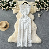 Fongt Light Luxury High-End Sleeveless Dress Female Summer Mesh Yarn Hollow Hook Open Fork Design Long Dress