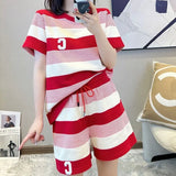 Striped Letter Matching Sets Summer Stylish Round Neck Women's Clothing Loose Patchwork Casual Drawstring Short Sets-Outfit