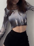Cropped Flare Cuffs Mesh Blouse-Outfit