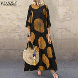 Autumn 3/4 Sleeve Polka Dot Printed Long Dress Vintage Women's Cotton Linen Dresses Female Kaftan Vestido Femme